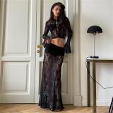 Black Lace Long Sleeve Fashion Versatile Sexy Two Pieces Skirt Sets