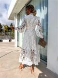White Fashion Lantern Sleeve Embroidered Lace Long Skirt Dress