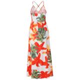 Red Sleeveless Halter Printed Fashion Casual Floral Dress