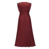 Claret Ruffles Sleeveless V Neck Pleated Casual Chiffon Skirt Dress