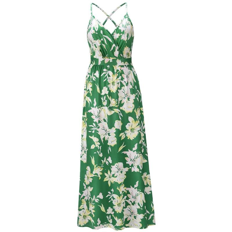 Green Sleeveless Halter Printed Fashion Casual Floral Dress