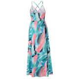 Blue Pink Sleeveless Halter Printed Fashion Casual Floral Dress