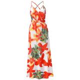 Red Sleeveless Halter Printed Fashion Casual Floral Dress