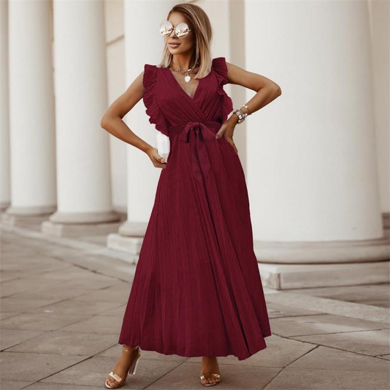 Claret Ruffles Sleeveless V Neck Pleated Casual Chiffon Skirt Dress