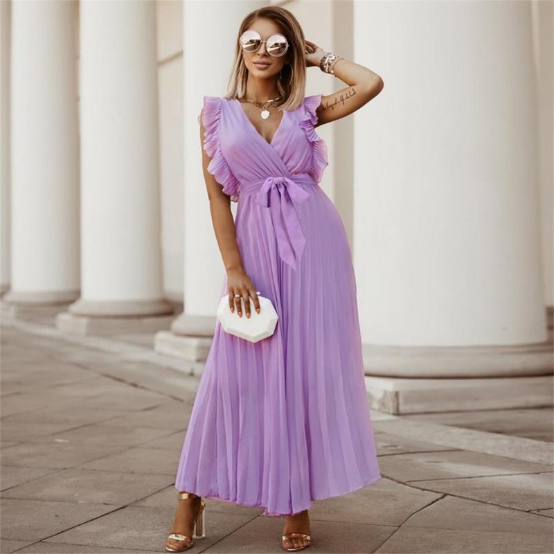 Purple Ruffles Sleeveless V Neck Pleated Casual Chiffon Skirt Dress