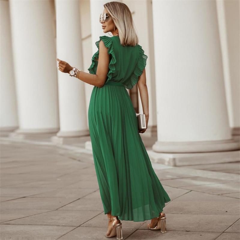 Green Ruffles Sleeveless V Neck Pleated Casual Chiffon Skirt Dress