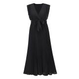 Black Ruffles Sleeveless V Neck Pleated Casual Chiffon Skirt Dress