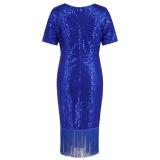 Blue Short Sleeve O Neck Sequins Bodycon Tassels Midi Dress