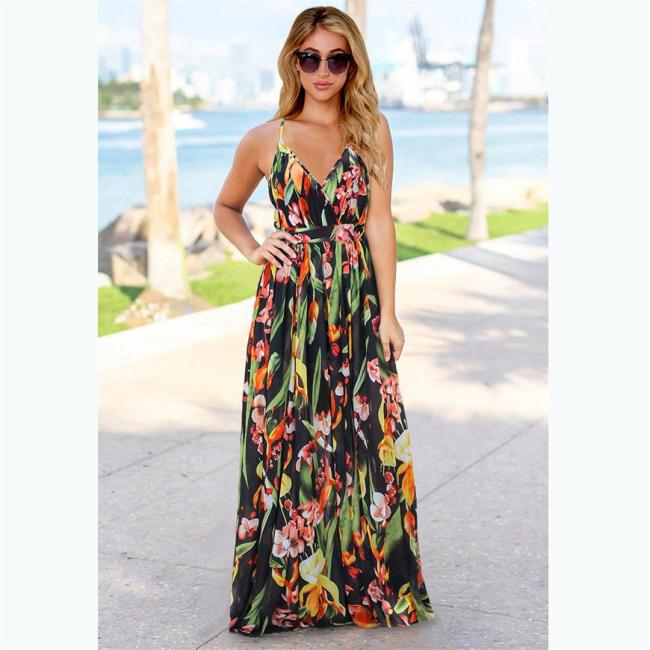 Black Sleeveless Halter Printed Fashion Casual Floral Dress