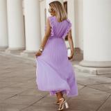 Purple Ruffles Sleeveless V Neck Pleated Casual Chiffon Skirt Dress