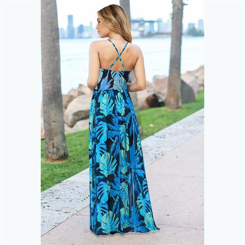 Blue Sleeveless Halter Printed Fashion Casual Floral Dress