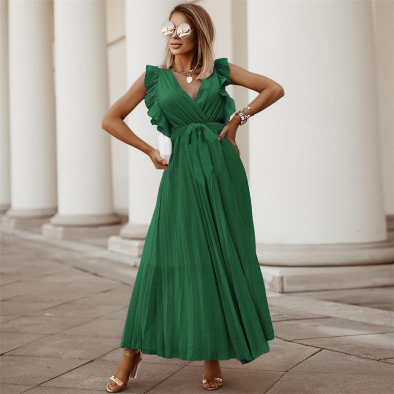 Green Ruffles Sleeveless V Neck Pleated Casual Chiffon Skirt Dress