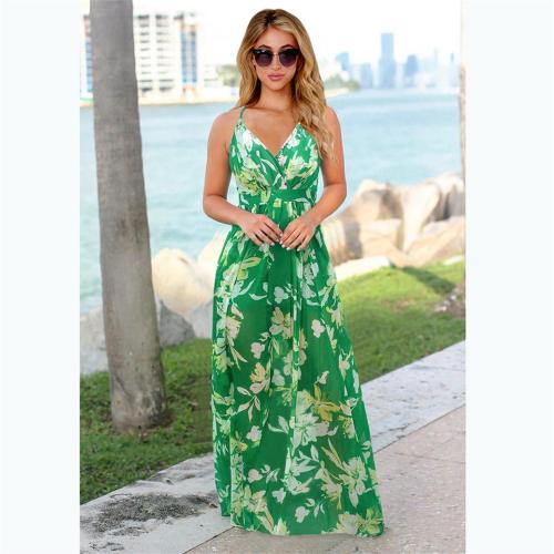 Green Sleeveless Halter Printed Fashion Casual Floral Dress