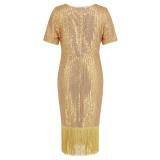 Gold Short Sleeve O Neck Sequins Bodycon Tassels Midi Dress