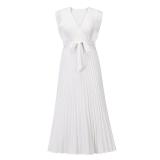 White Ruffles Sleeveless V Neck Pleated Casual Chiffon Skirt Dress