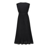 Black Ruffles Sleeveless V Neck Pleated Casual Chiffon Skirt Dress