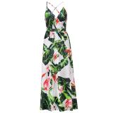 White Green Sleeveless Halter Printed Fashion Casual Floral Dress