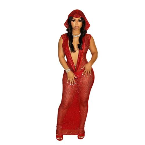 Red Sexy Deep V Neck Mesh Sequins Silk Bodycon Long Party Dress