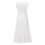 White Ruffles Sleeveless V Neck Pleated Casual Chiffon Skirt Dress