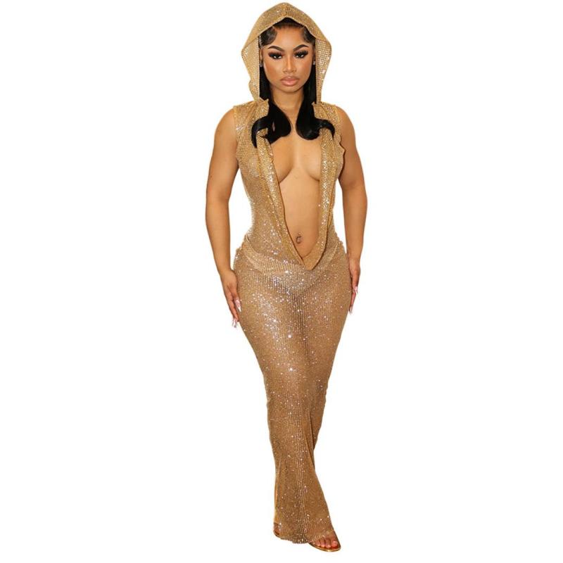 Gold Sexy Deep V Neck Mesh Sequins Silk Bodycon Long Party Dress