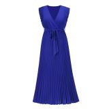 Blue Ruffles Sleeveless V Neck Pleated Casual Chiffon Skirt Dress