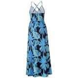 Blue Sleeveless Halter Printed Fashion Casual Floral Dress