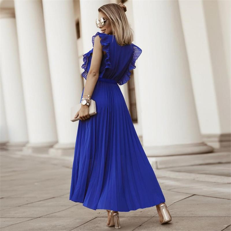 Blue Ruffles Sleeveless V Neck Pleated Casual Chiffon Skirt Dress