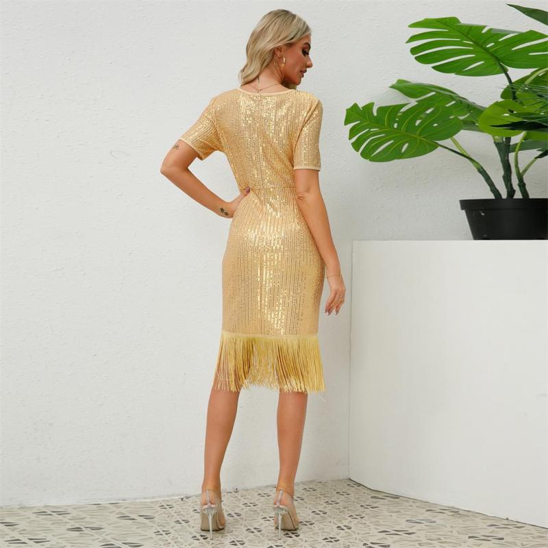 Gold Short Sleeve O Neck Sequins Bodycon Tassels Midi Dress