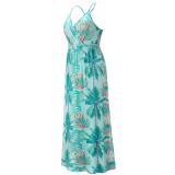 Light Blue Sleeveless Halter Printed Fashion Casual Floral Dress
