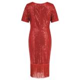 Red Short Sleeve O Neck Sequins Bodycon Tassels Midi Dress