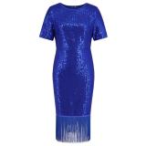 Blue Short Sleeve O Neck Sequins Bodycon Tassels Midi Dress