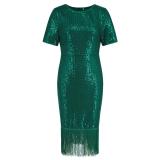 Green Short Sleeve O Neck Sequins Bodycon Tassels Midi Dress