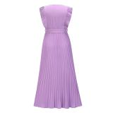 Purple Ruffles Sleeveless V Neck Pleated Casual Chiffon Skirt Dress