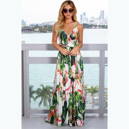 White Green Sleeveless Halter Printed Fashion Casual Floral Dress