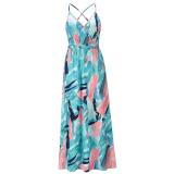 Blue Pink Sleeveless Halter Printed Fashion Casual Floral Dress