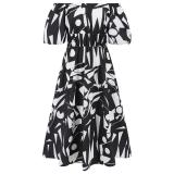 Black Short Sleeve Off Shoulder Printed Casual Floral Long Dress