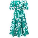 Green Short Sleeve Off Shoulder Printed Casual Floral Long Dress