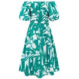Green Short Sleeve Off Shoulder Printed Casual Floral Long Dress