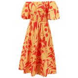 Orange Short Sleeve Off Shoulder Printed Casual Floral Long Dress