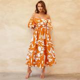Yellow Short Sleeve Off Shoulder Printed Casual Floral Long Dress