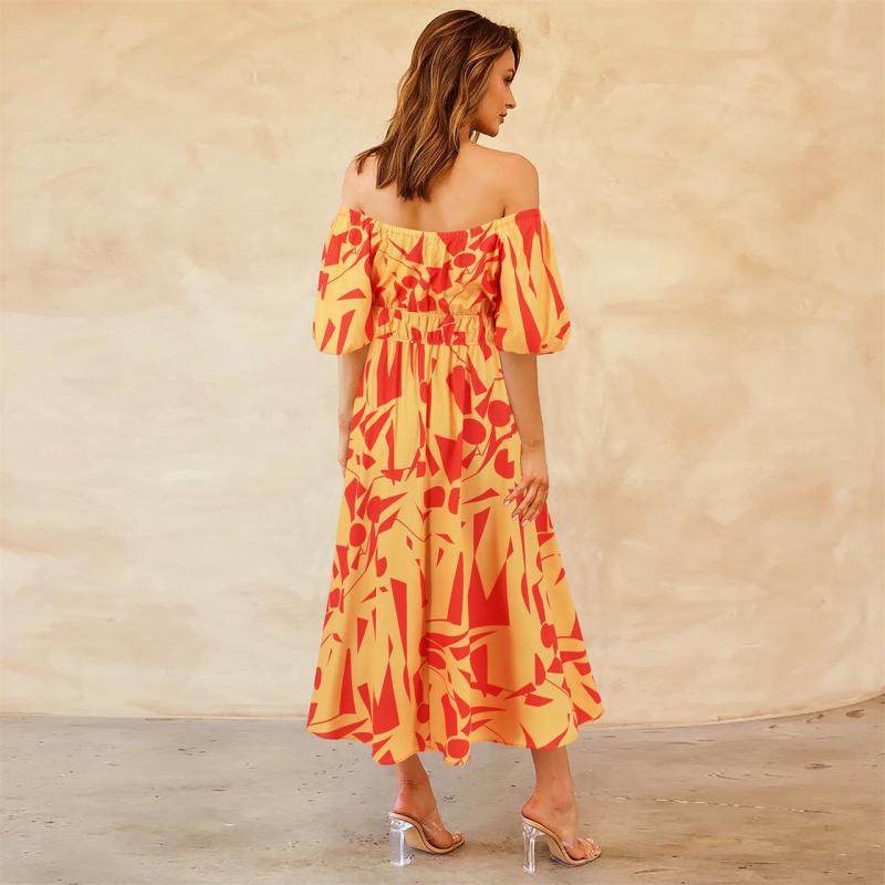 Orange Short Sleeve Off Shoulder Printed Casual Floral Long Dress