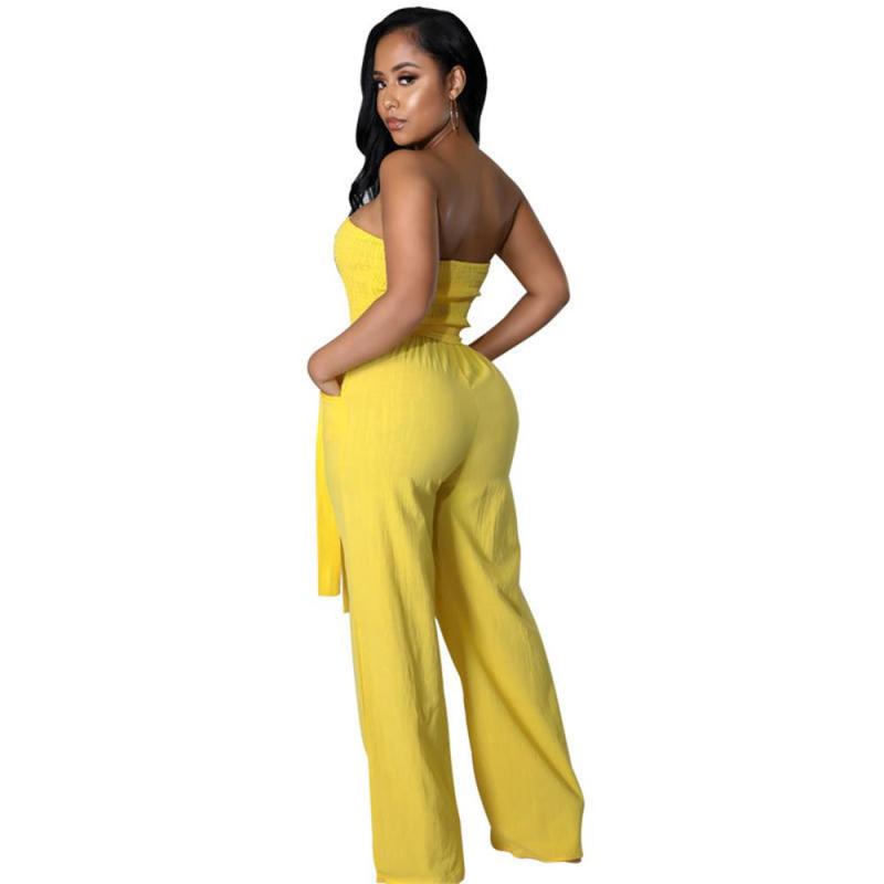 Yellow Sleeveless Off Shoulder Pleated Belt Sexy Wide Leg Jumpsuits