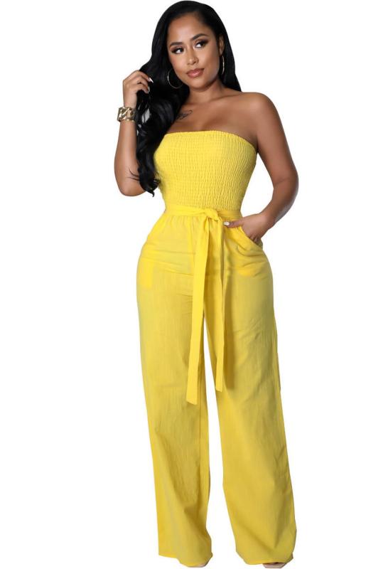 Yellow Sleeveless Off Shoulder Pleated Belt Sexy Wide Leg Jumpsuits