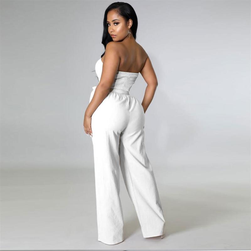 White Sleeveless Off Shoulder Pleated Belt Sexy Wide Leg Jumpsuits