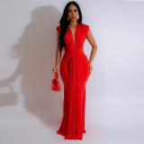 Red Sleeveless Deep V Neck Pleated Evening Prom Party Maxi Dress