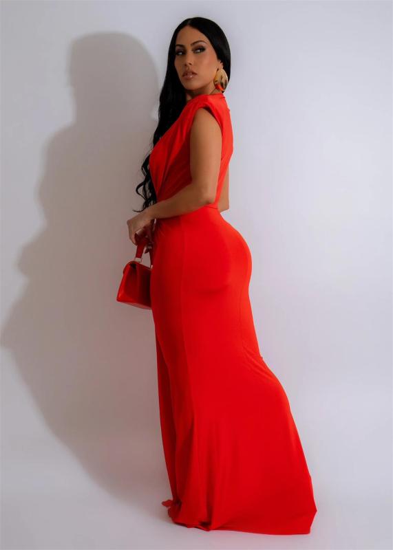 Red Sleeveless Deep V Neck Pleated Evening Prom Party Maxi Dress