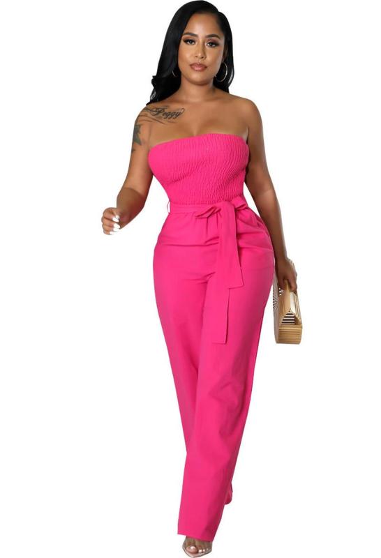 RoseRed Sleeveless Off Shoulder Pleated Belt Sexy Wide Leg Jumpsuits