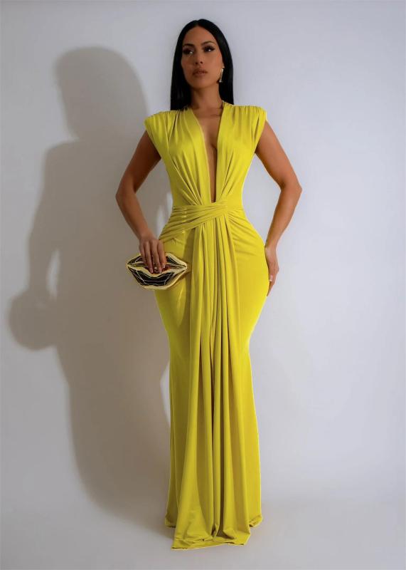 Yellow Sleeveless Deep V Neck Pleated Evening Prom Party Maxi Dress