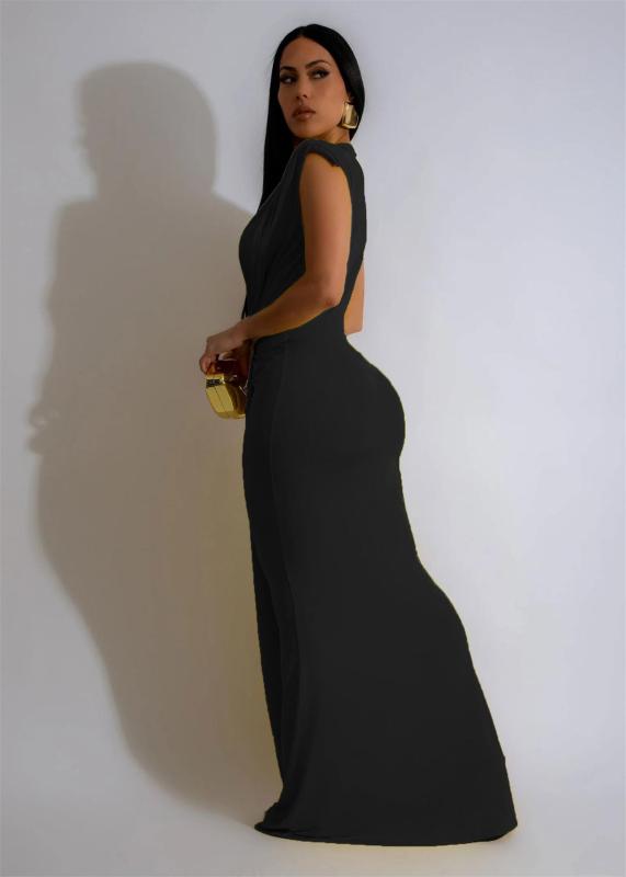 Black Sleeveless Deep V Neck Pleated Evening Prom Party Maxi Dress