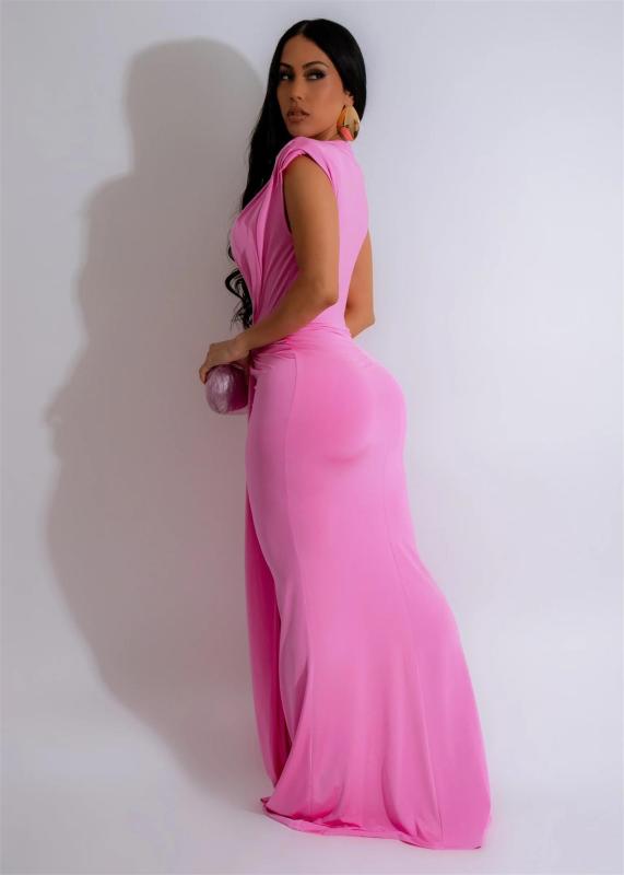 Pink Sleeveless Deep V Neck Pleated Evening Prom Party Maxi Dress